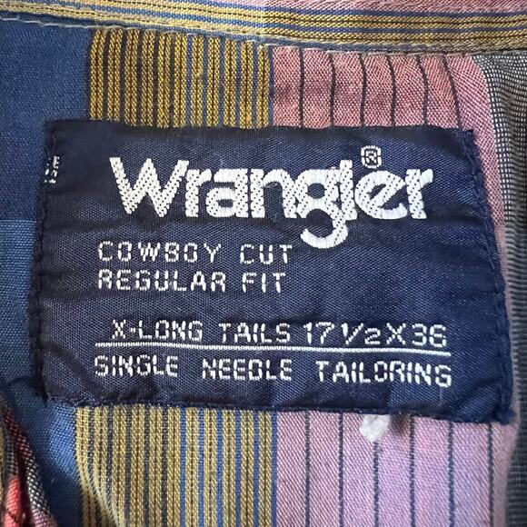 Wrangler Shirt Mens 17 1/5 36 Cowboy Cut X-Long Tails Long Sleeve Pearl Snap - Picture 8 of 9